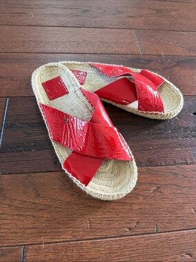 Tory Burch Red Patent Cross-Strap Espadrille Slides
